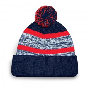 FINE KNIT MELANGE STRIPED TUQUE WITH MICROFLEECE LINING, CUFF AND CONTRASTING COLOR POM-POM